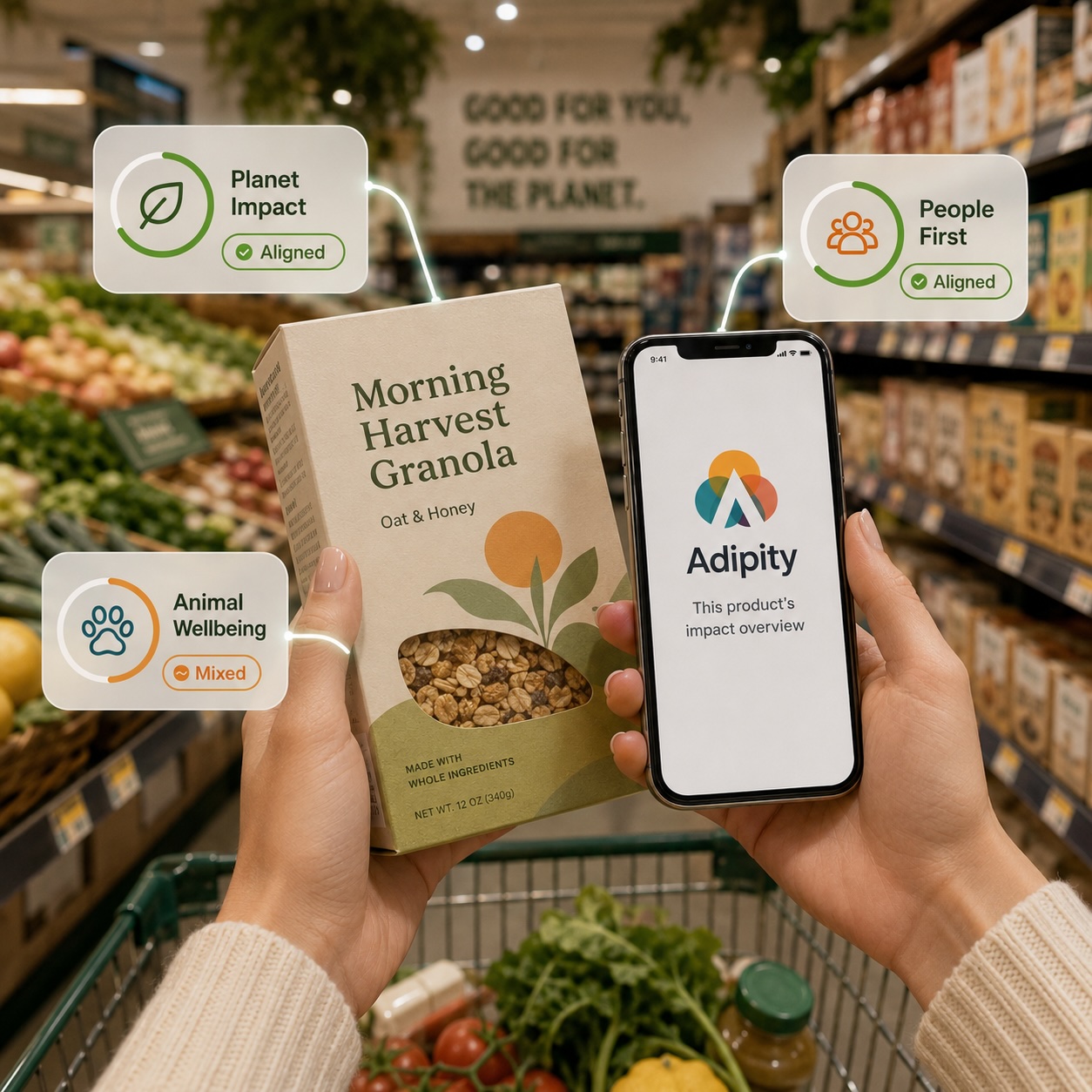 A shopper using Adipity to understand how a grocery product aligns with personal values