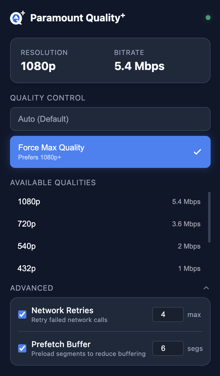 Paramount Quality+ showing 1080p resolution, bitrate, available qualities, and advanced stream controls