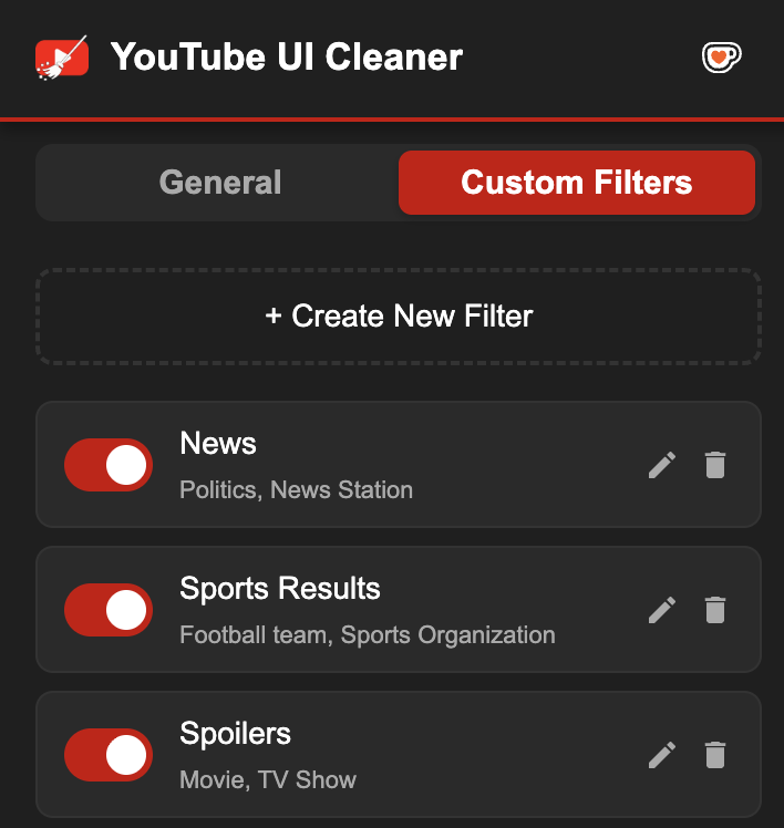 YouTube UI Cleaner custom keyword filter groups