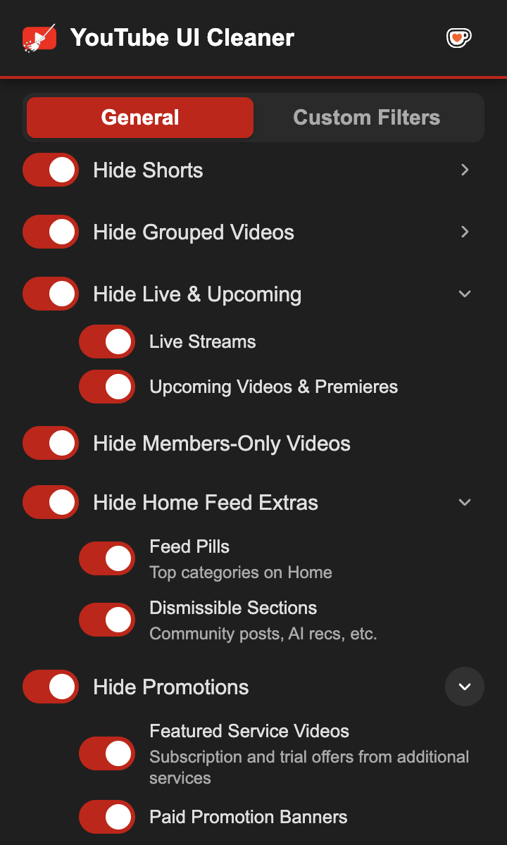 YouTube UI Cleaner general controls for hiding distracting content