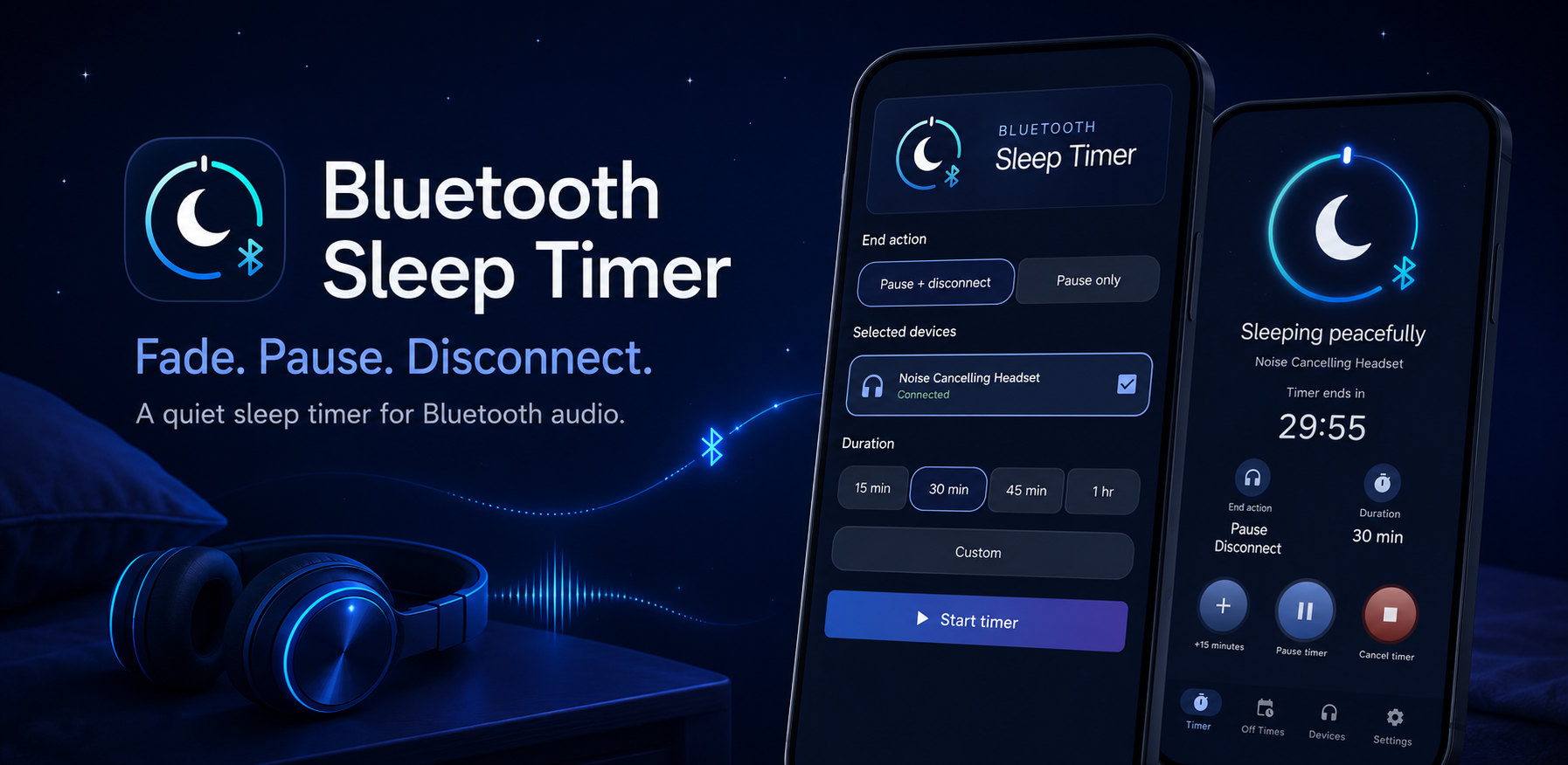 Bluetooth Sleep Timer app showing timer setup and an active timer for Bluetooth headphones