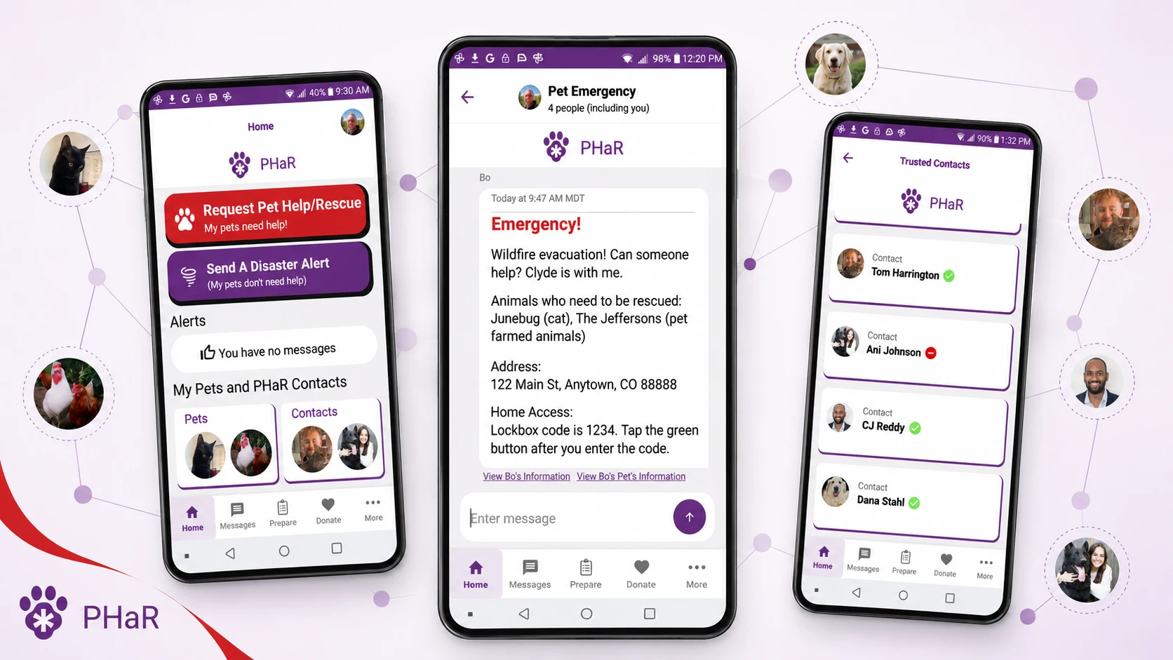 Pet Help and Rescue interfaces for requesting pet help, coordinating an emergency, and managing trusted contacts